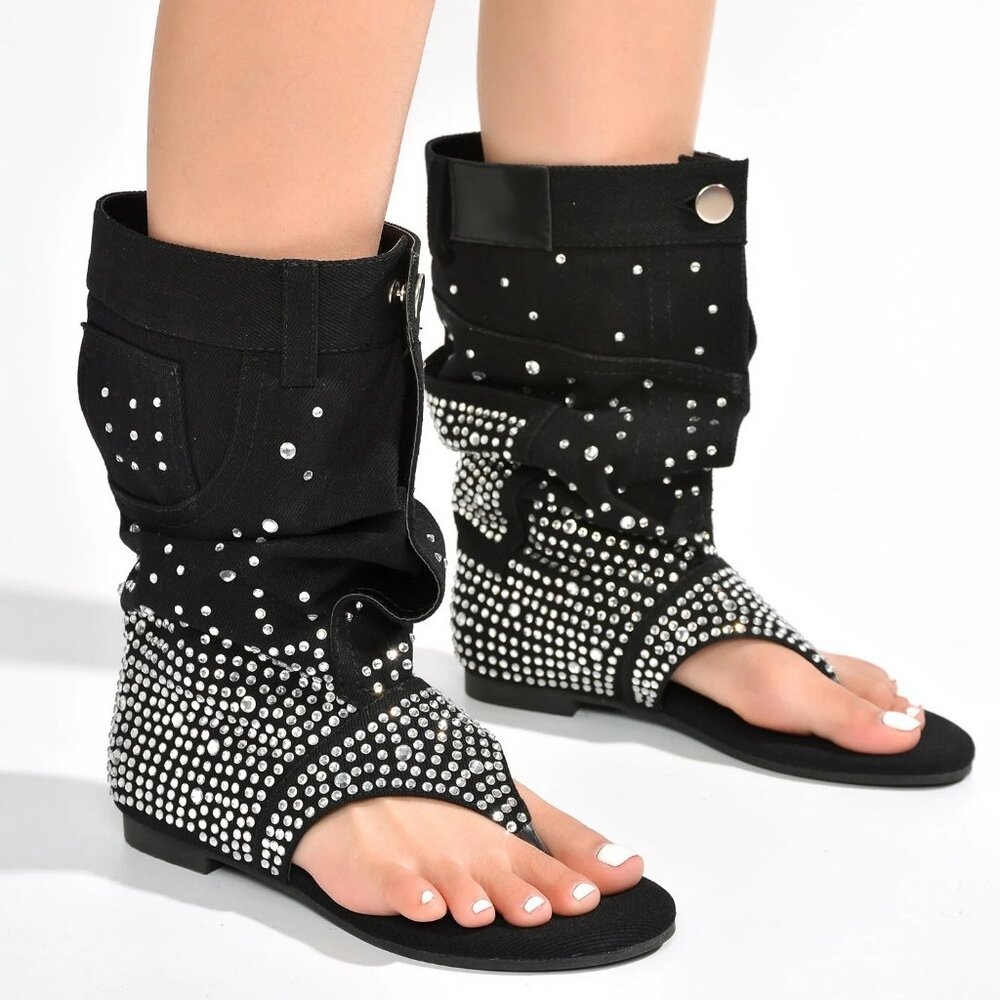 NEWπ₯ Rhinestone Embellished Slouchy Jean Sandals Mid-Calf Boots Thong Open Toe - Picture 2 of 6